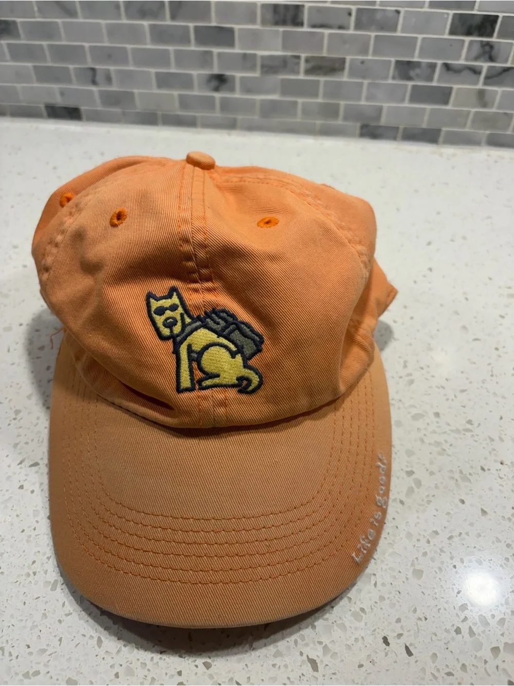 Life Is Good Orange Baseball Cap with Embroidered Dog with backpack